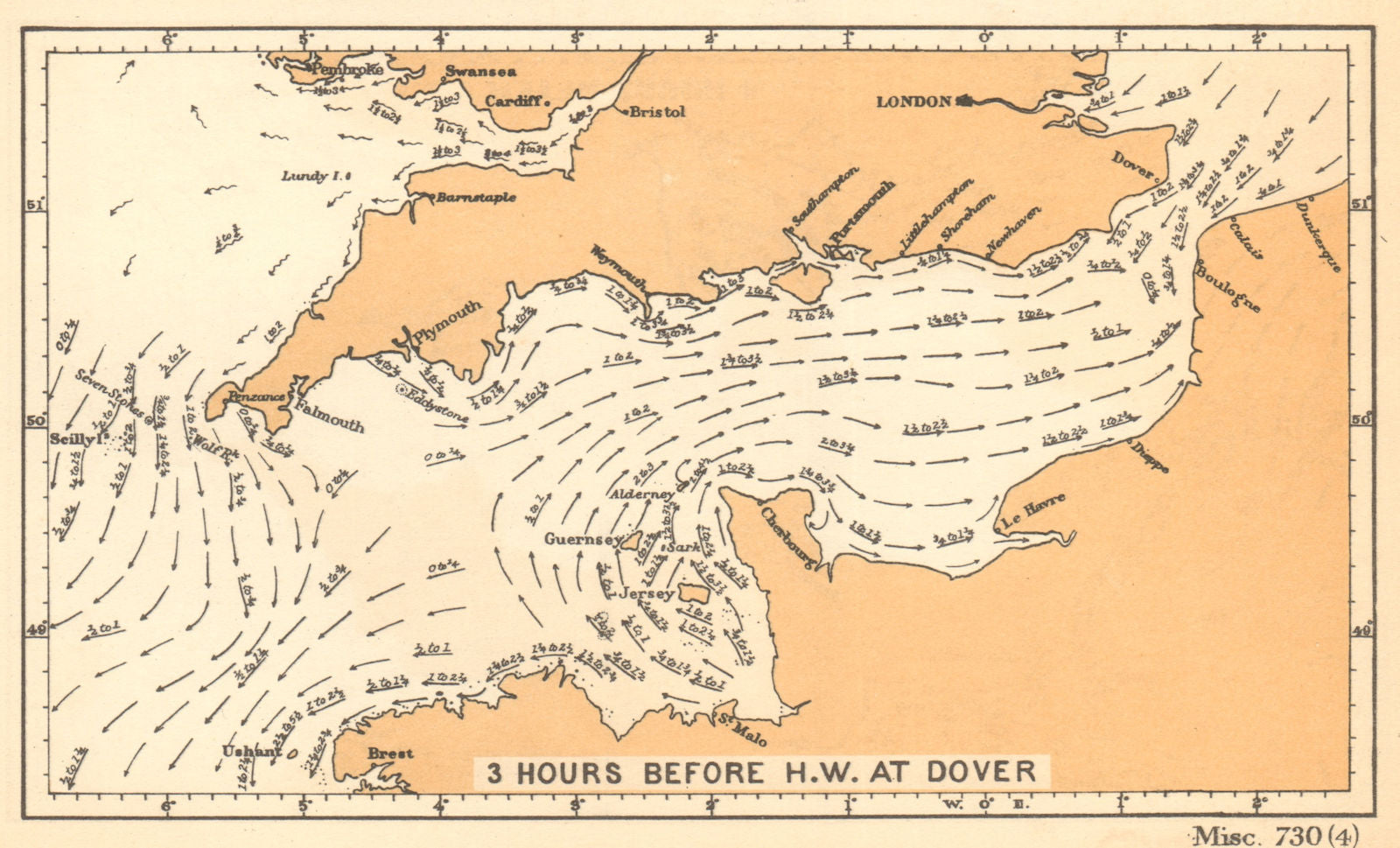 English Channel currents 3 hours before high water at Dover. ADMIRALTY 1943 map